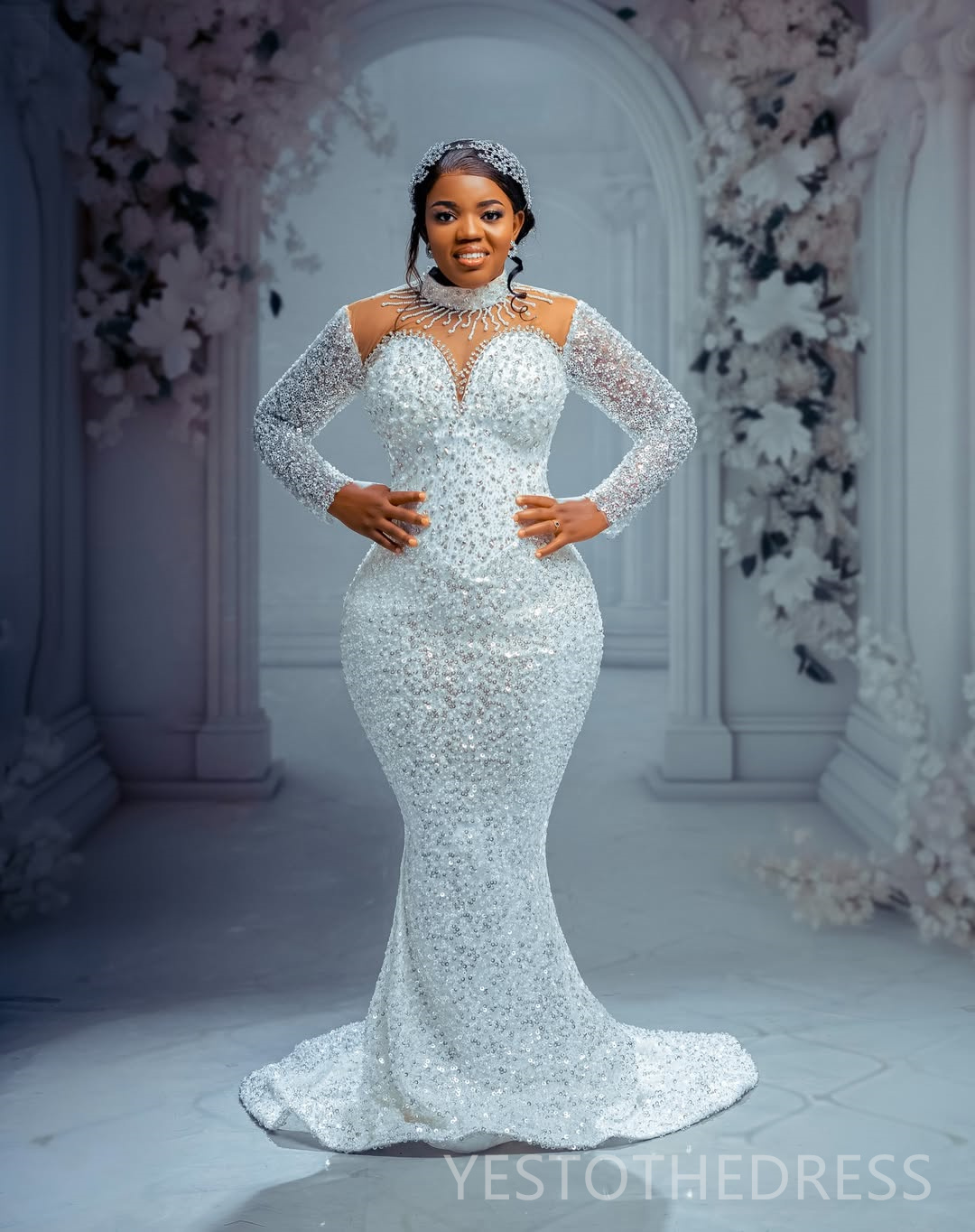 Arabic Aso Ebi Plus Size Off White Mermaid Wedding Dresses 2025 High Neck Sequined Lace Pearls Beaded Floral Lace Luxurious Vintage Bridal Gowns Dress