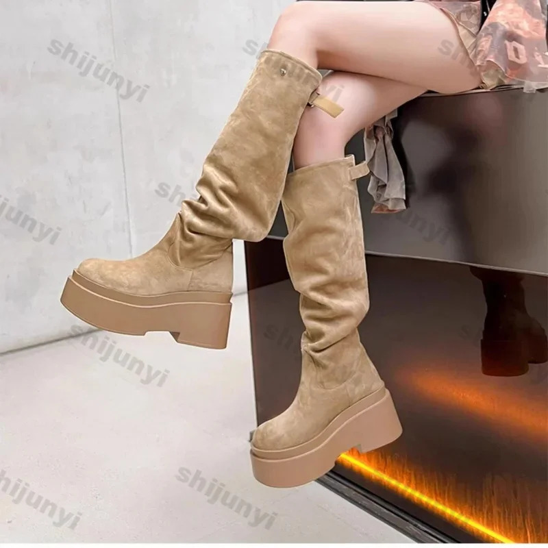 Womens Fashion Thick Heels Knee High Boots Khaki Flock Slip on Western Boots Woman Spring Autumn Soft Leather Short Botas Mujer 250809