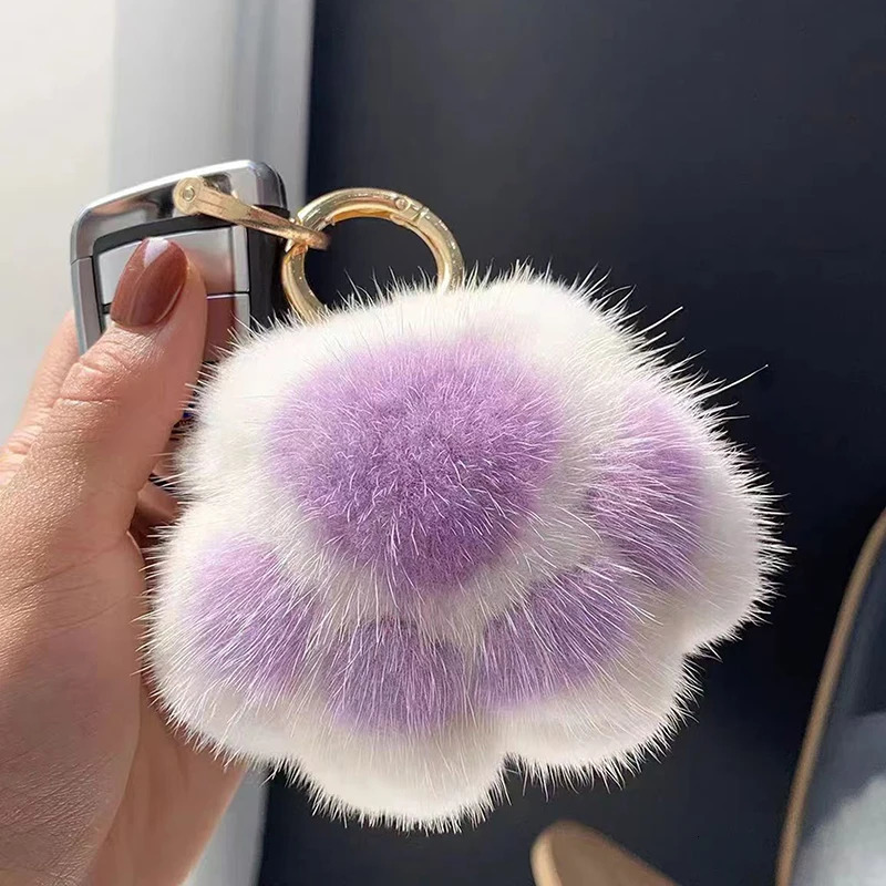 Pink Black Fluffy Cat Paw Keychain Hair Pompon For Women Girls Cute Pendant Car Key Ring Bag Decor 250804