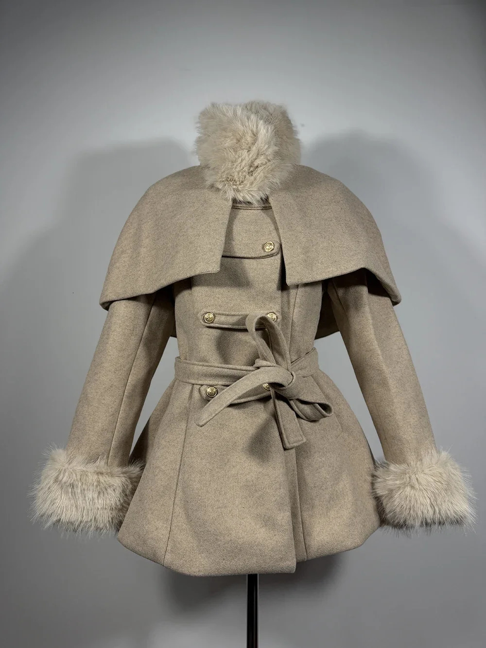 French Socialite Detachable Cloak Fur Sleeves Woolen Coat Women Tops Lace up Waist Slimming Winter Clothes Retro Winte Coat 250811