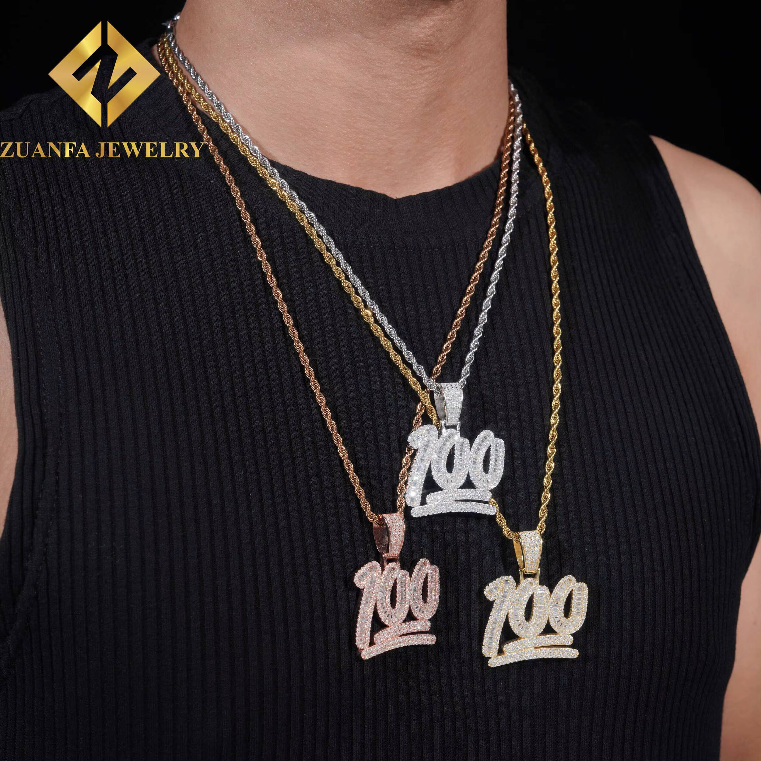 Big Size Custom Iced Out Point 100 Hip Hop Moissanite Jewelry Pendant VVS Moissanite 925 Sterling Silver Hip Hop Pendant