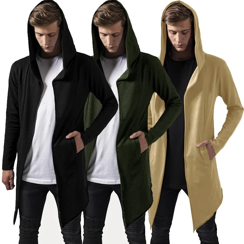 Mens Hooded Cardigan Trench Coat Streetwear Solid Color Windbreaker with Hood AutumnWinter Jackets Men 250814