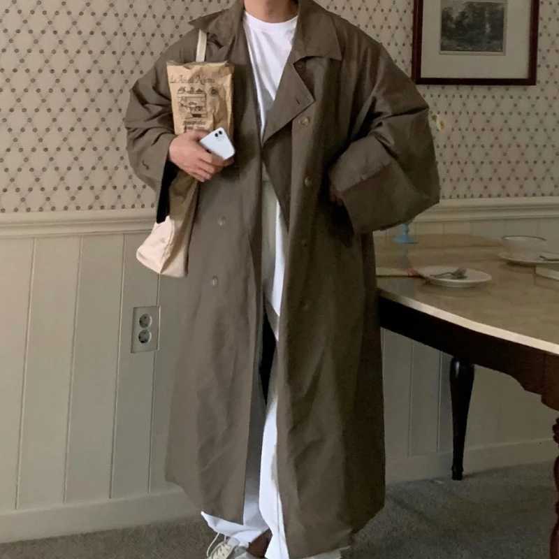 1EFB Mens Windbreaker Lapel Solid Color Casual Korean Style Overknee Overcoats Double Breasted Loose Male Trench Simple 92482 W250815