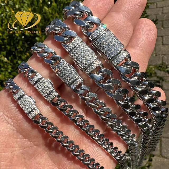 Wholesale 6mm-20mm With Moissanite Diamond Lock 925 Silver Plain Gold Cuban Link Chain Miami Cuban Link Chain Bracelet Necklace