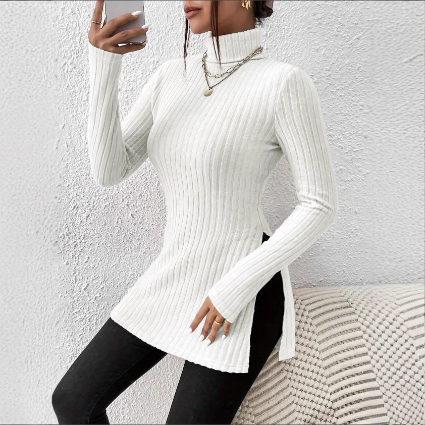 Women's Plus Size High Neck Pullover Sweater with Slit Slim Fit Base Shirt Ribbed Striped Mid-Length Top