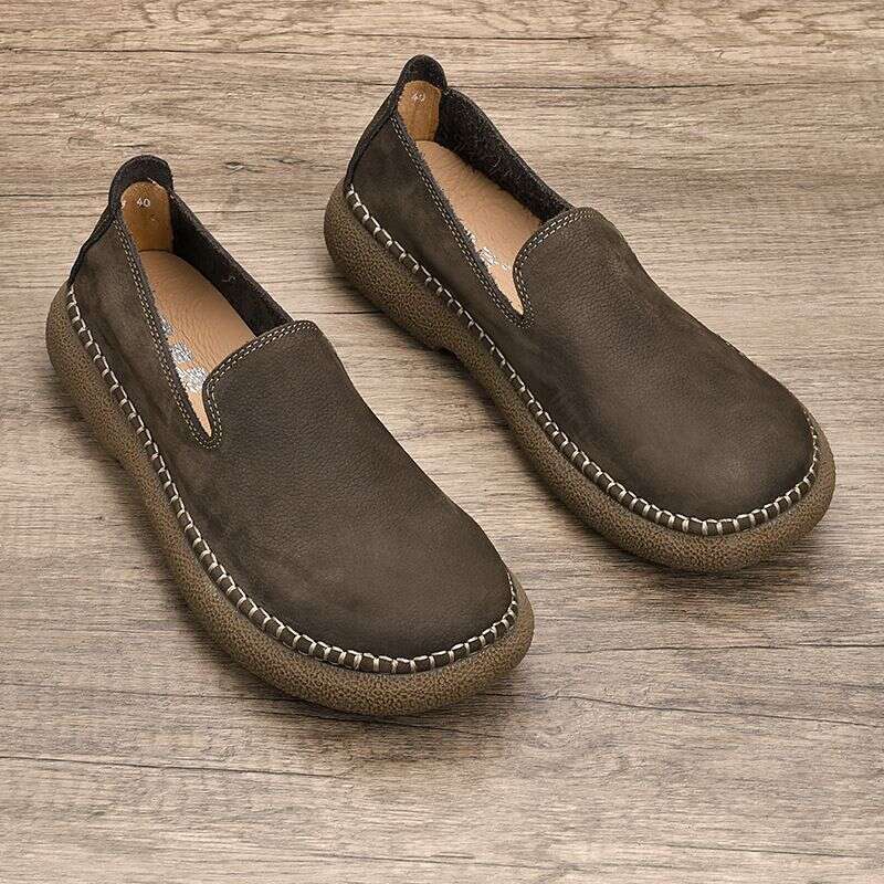 Wide Headed Loafers With Men's Lace Up Style 2025 New Model, Top Layer Cowhide Breathable Sole Soft Leather Shoes
