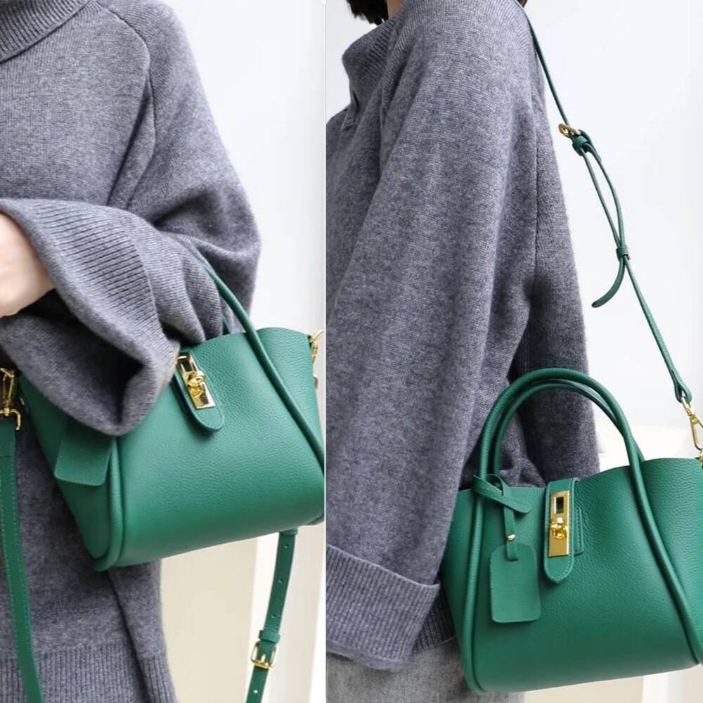 SC Fashion Women Genuine Leather Top-Handle Bags Twist Lock Bucket Tote Handbags Ladies Cross Body Shoulder Purses Chic