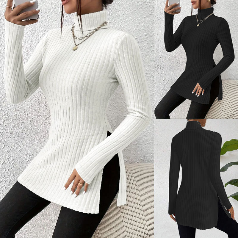 Women's Plus Size High Neck Pullover Sweater with Slit Slim Fit Base Shirt Ribbed Striped Mid-Length Top