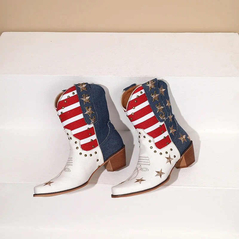 Womens Cowboy Western Boots USA Flag Ankle Booties Denim Studded Rivets Embroidery Stars Stripes Heeled Shoes Footwear 250809