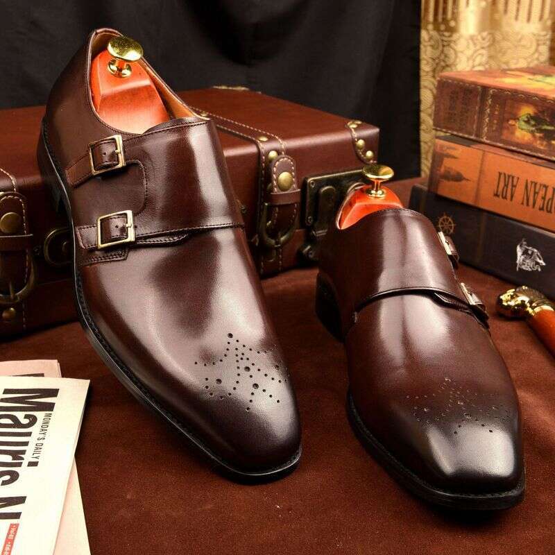 Unbeatable Quality Double Buckle Mengke Goodyear Suit One Foot Square Toe Handmade Leather Shoes, Men's