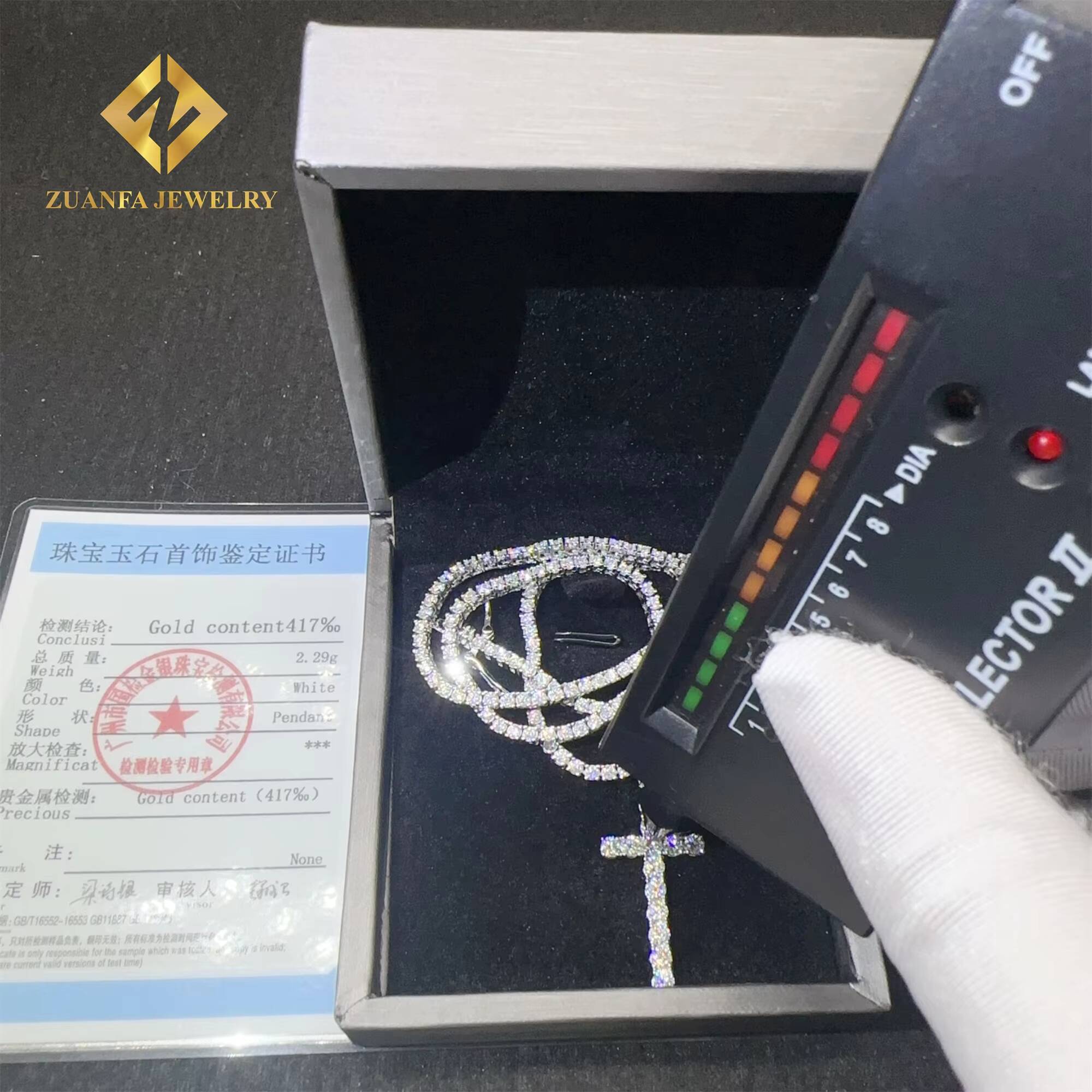 Popular Pass Tester Hip Hop Luxury Iced Out Fire Jewelry 10k Real Gold VVS1Moissanite Diamond Cross Pendant Necklace Set