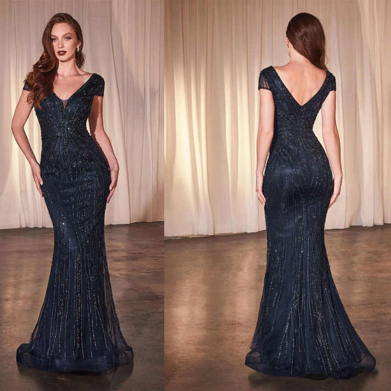 Luxury Evening Dresses Short Sleeves V-neck Sequin Beading Formal Prom Women Party Prom Graduation Gowns Customized