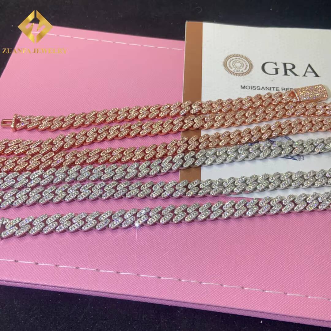 Fashion 10mm Cuban Chain Moissanite Cuban Link Chain Necklace Bracelet Men HipHop Iced Out Diamond 925 Sterling Silver with GRA