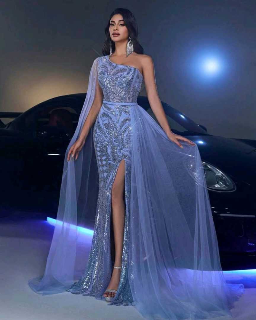 Stylish Mermaid Evening Dresses One Shoulder Sleeveless Side Split Sequins Crystal Prom Dress Detachable Train Party Gowns Vestidos De Noche