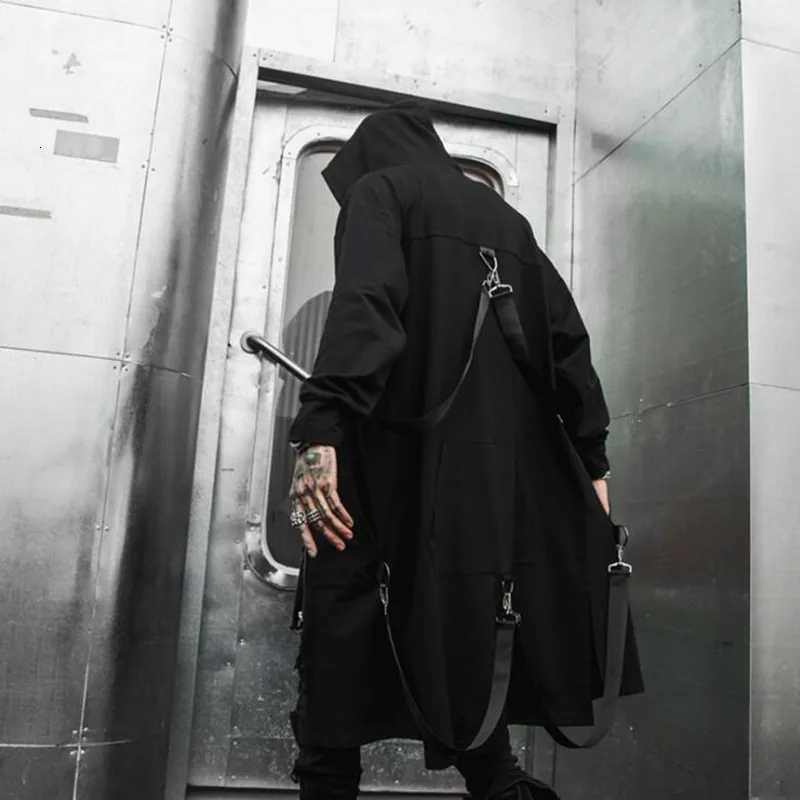 Spring Autumn Men Ribbons Patchwork Punk Hip Hop Long Trench Coat Hooded Cloak Men Black Zipper Techwear Long Jacket Overcoat W250815