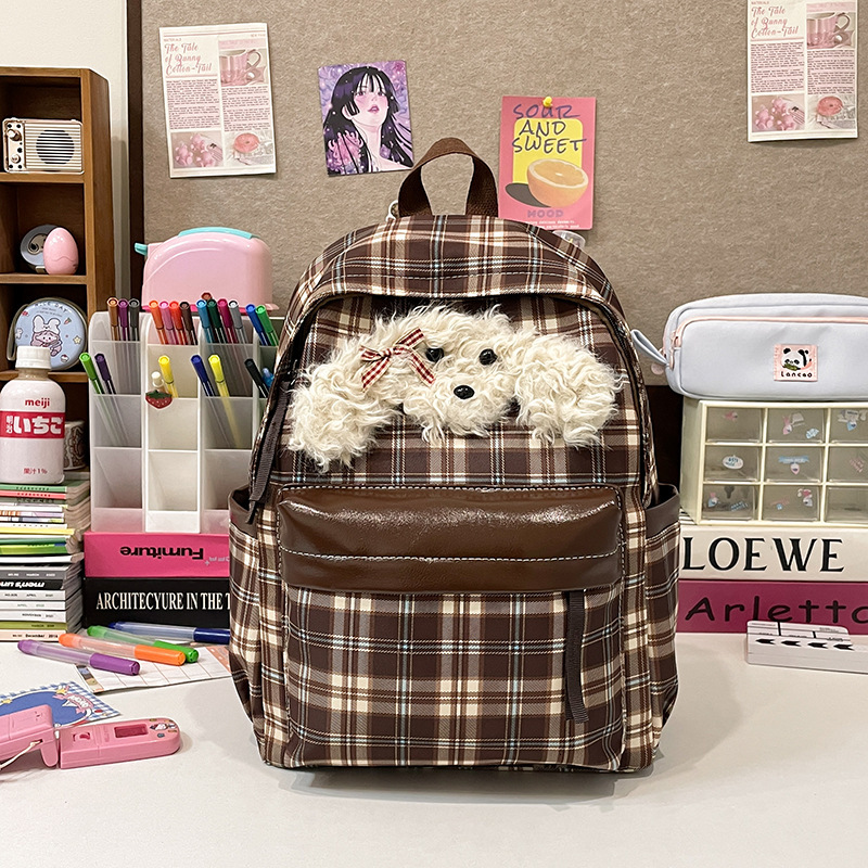 Autumn New Neutral Style Backpack Couple Bag New Checkered Backpack Cute Puppy Retro Style Casual Backpack Autumn New Designer Bag