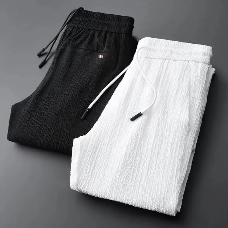Spring Summer Fashion Suit Men Long Sleeve Casual Shirts And Pant Seersucker Striped Pleats Slim Handsome Twopiece Set 250814