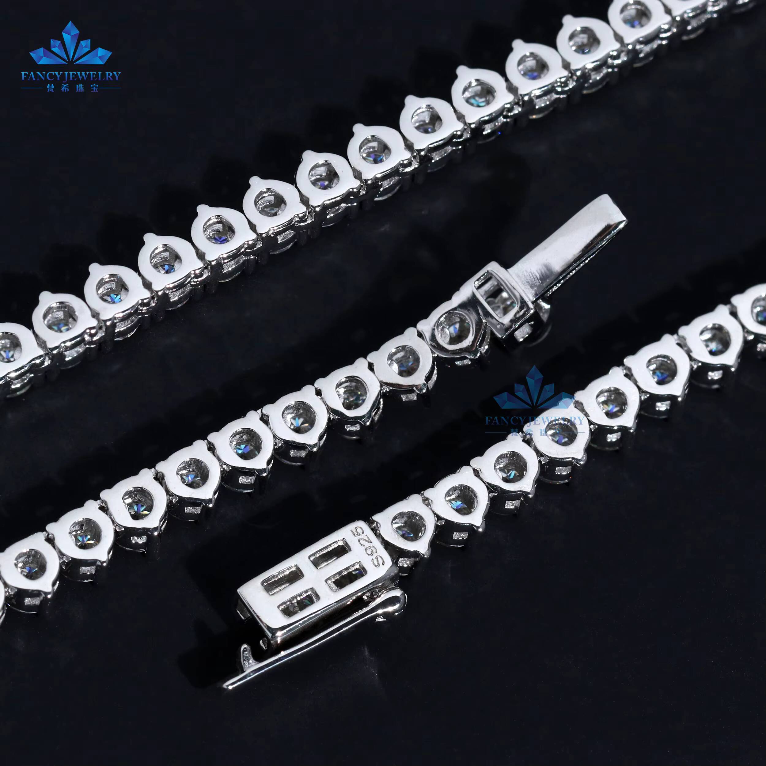 HipHop Style 3-Prong Tennis Chain Necklace for Men Women VVS Iced Out Round Brilliant Cut Diamond Gold Plated 925 Silver Jewelry