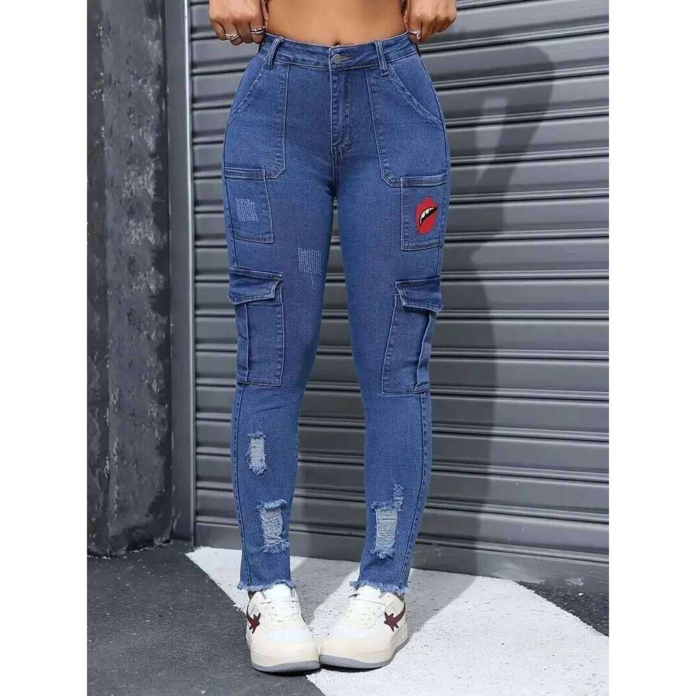 Women's Blue Elastic Jeans With Waist And Hip Lift Tight Little Fee Hairy Edges Sexy Overalls Multi-pocket Pants Lipstick Print