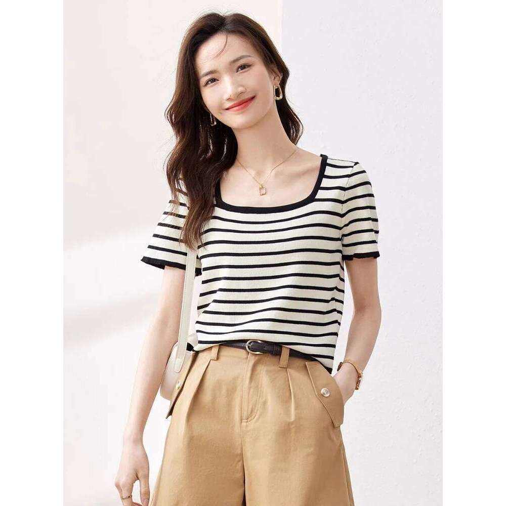 Designer Clothing 2025 Sentubila Elegant Knitted Sweater Women's 2025 New Autumn Striped Design U-Neck Short-Sleeved Pullovers Contrast Color