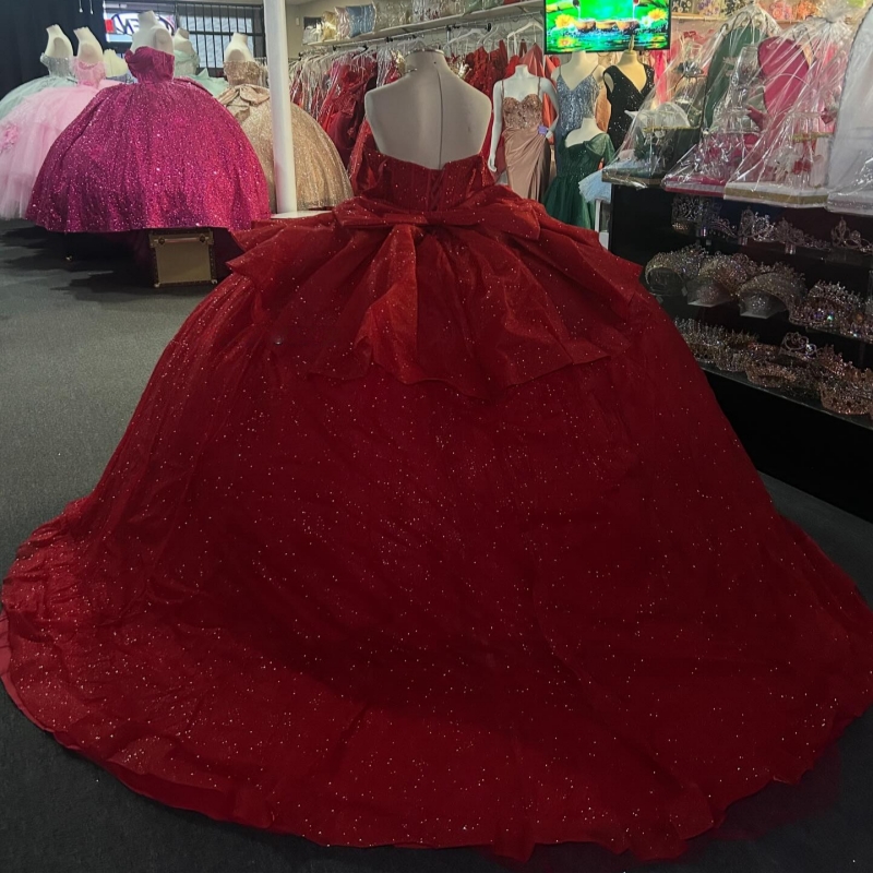 Red Shiny Princess Sweet 16 Dress Dress Quinceanera Dresses Beads Bow Corset Tull Party Birthday Vestido De 15 Anos Ball Gowns