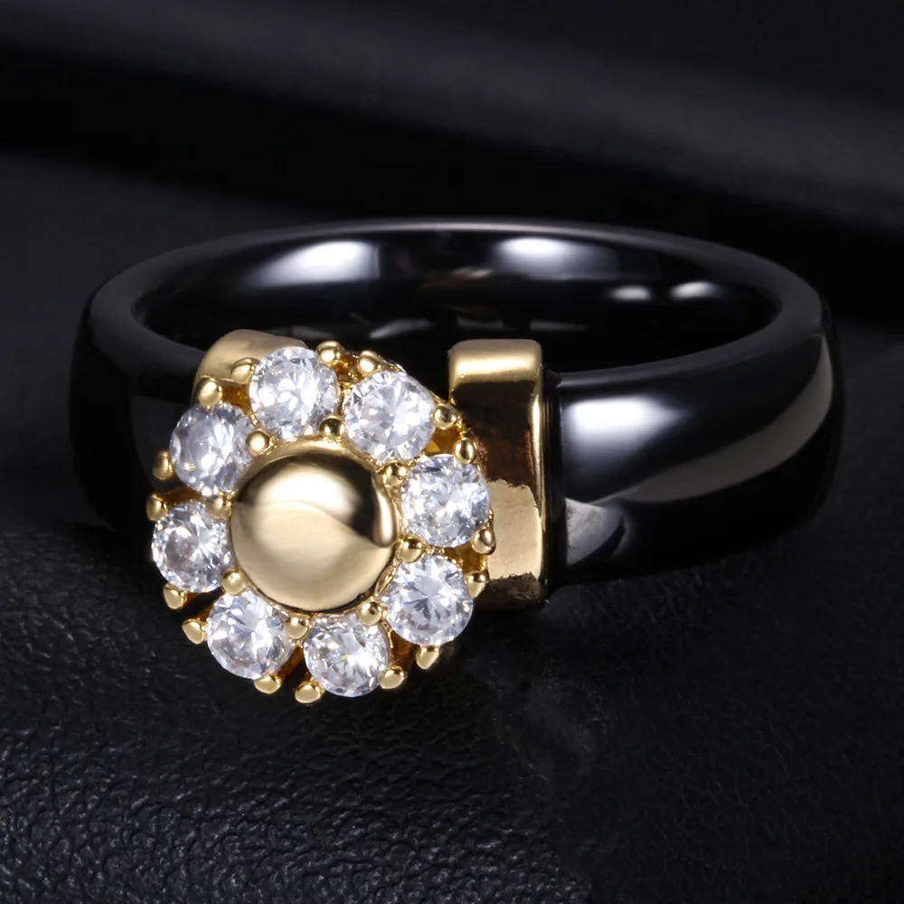 Sunflower Zircon Ceramic Ring For Women Girl Steel Metal Finger Jewelry Accessories Gift Black White Color 250807