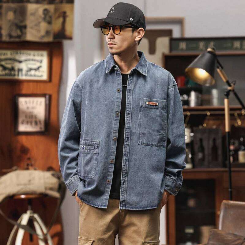 Designer Clothing 2025 American Vintage Cargo Denim Shirt Jacket For Men Streetwear Solid Color Heavyweight Multi-Pocket Workwear Coat Male Clothing