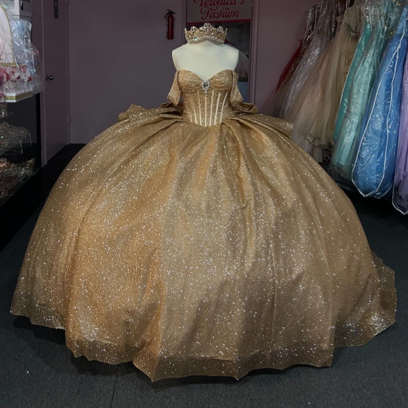 Gold Shiny Princess Sweet 16 Dress Dress Quinceanera Dresses Sequin Beads Bow Corset Tull Party Birthday Vestido De 15 Anos Ball Gowns