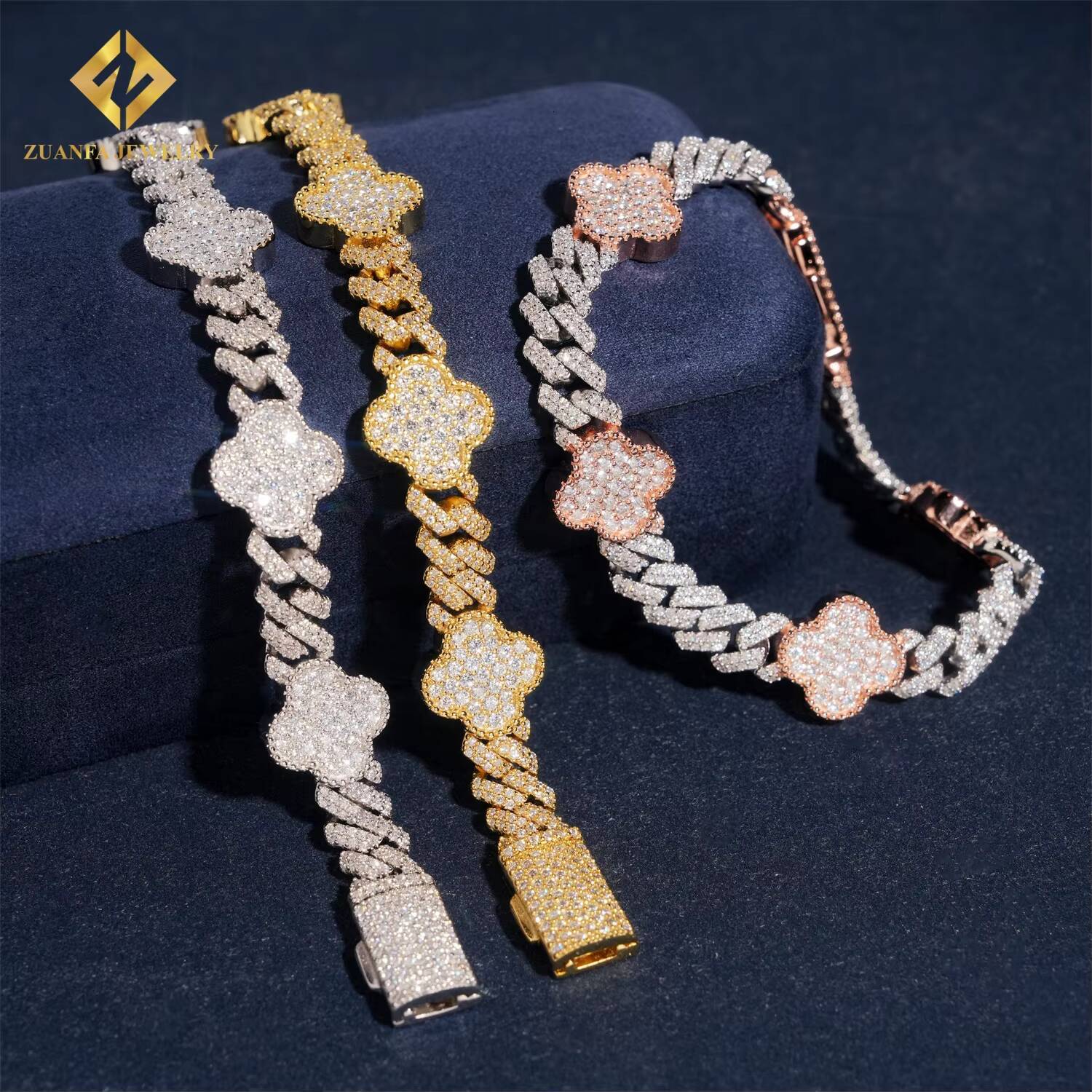 Hot Sale Fashion Four Leaf Clover Vintage Cuban Link Chain 925 Sterling Silver Iced Out 925 Silver Moissanite Past Diamond Test