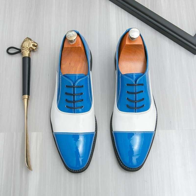 New Men's Patent Shiny Three-joint Contrast Color Business Formal Casual Leather British Pointed Toe Stage Wedding Shoes