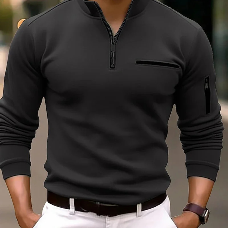 Spring Fashion Zipper n Polo Shirts Casual Solid Color ONeck Tees Pullover Men Clothing Long Sleeve 250814