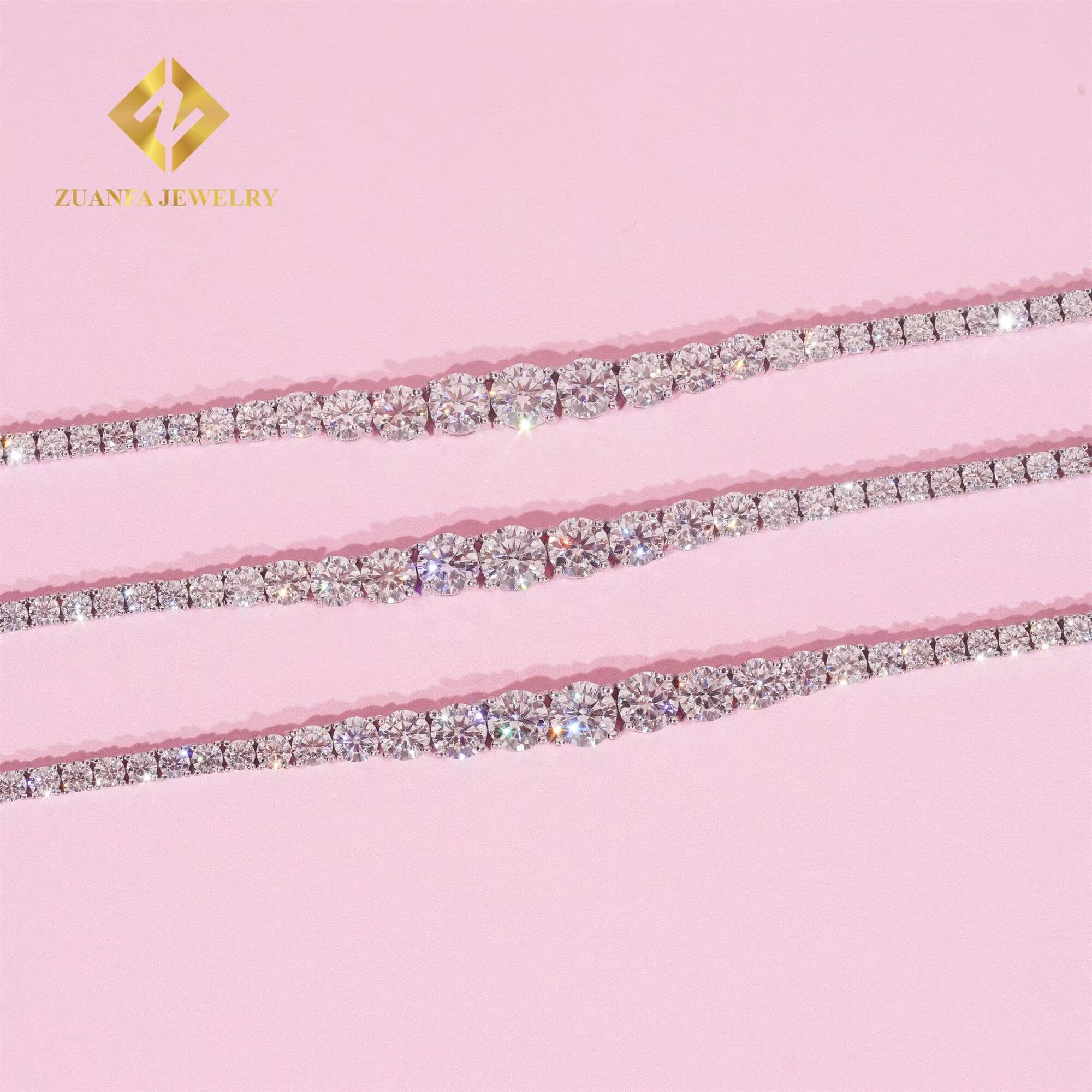 New Design Elegant Women Jewelry 3mm 925 Sterling Silver White Gold Plated VVS1 Moissanite Diamond Cluster Tennis Chain