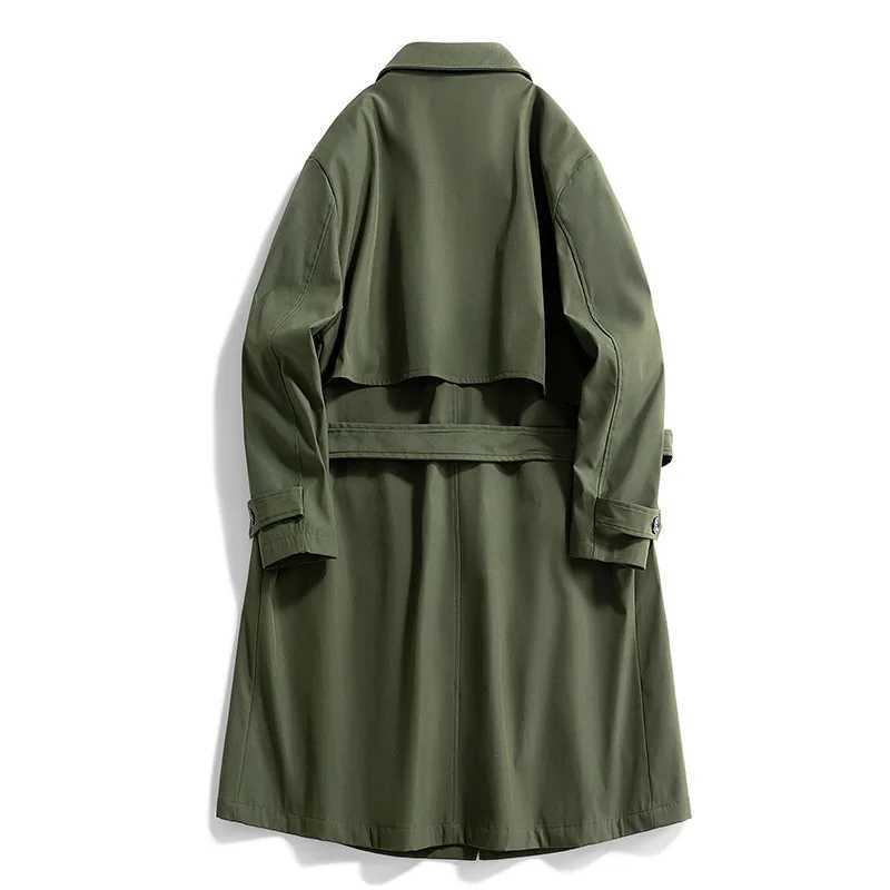 Mens Long Trench Coat Military Green Slim Fit Double Breasted Notched Lapel Jacket Windbreaker Spring Autumn Casual Outdoor Coat W250815