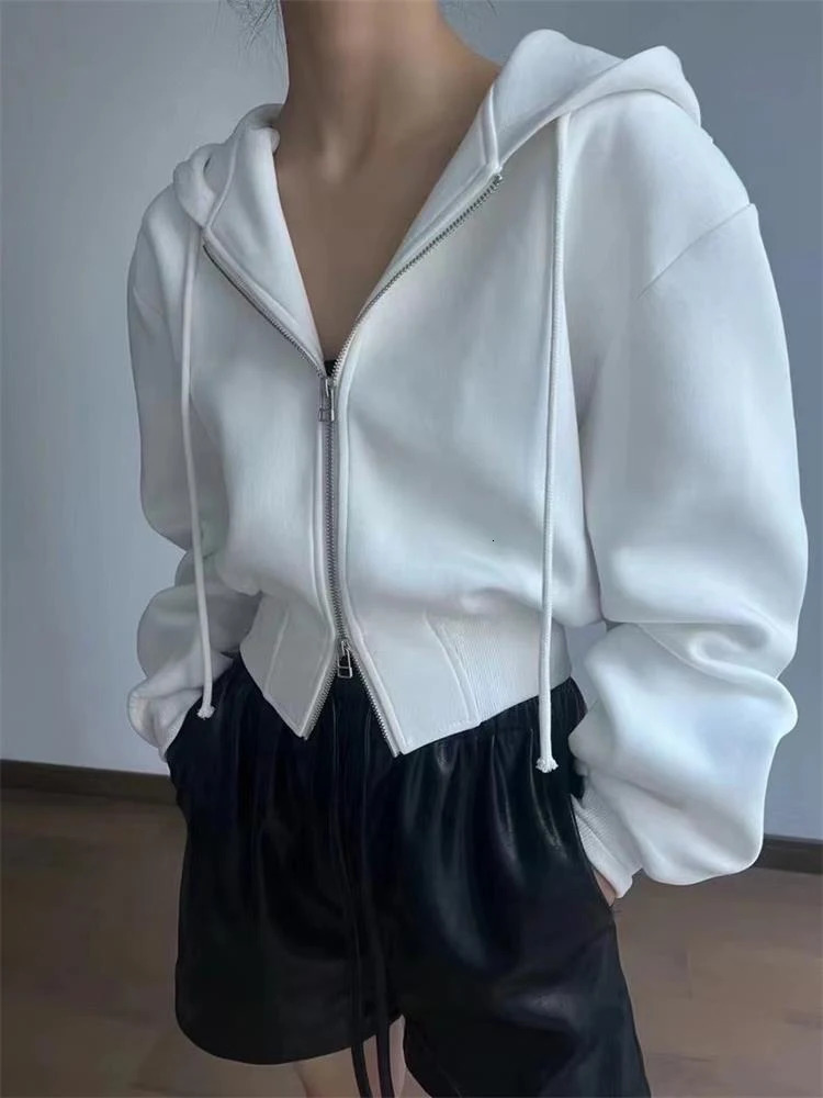 Casual Short Hooded Sweatshirt Women Zip Up Hoodies Mujer Solid Harajuku Long Sleeve Slim fit Crop Top Female Jackets Coat 250814