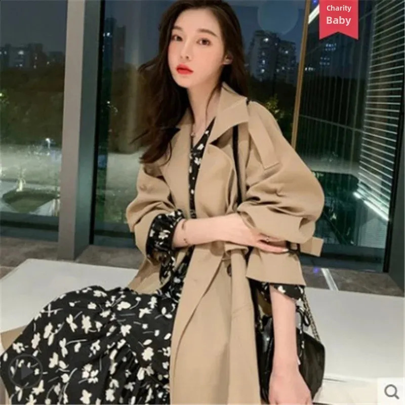 Womens Trench Jacket Medium-length Khaki Loose-fit British Style Over-knee Jacket Fashionable Womens Clothing 250815