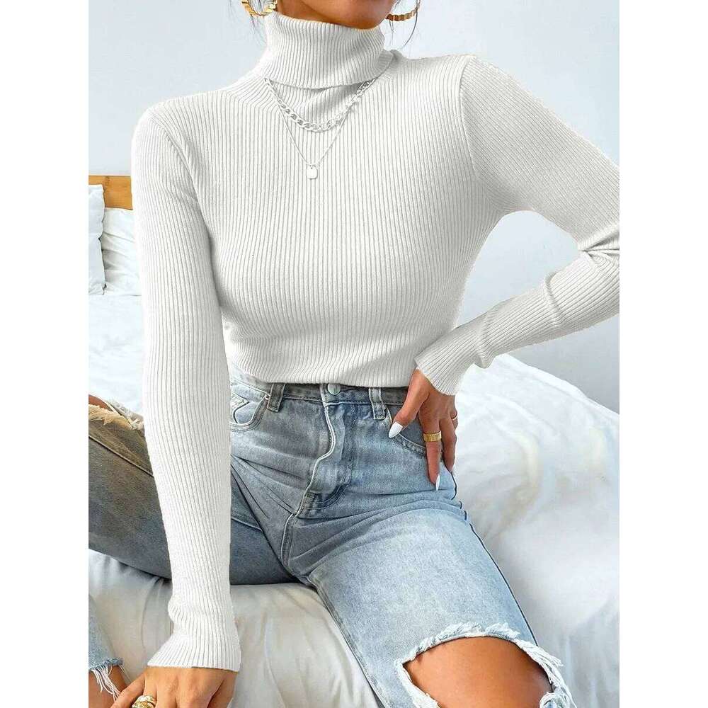 Autumn Winter Women Knit Solid Turtleneck Pull Sweater Casual Rib Jumper Tops Female Home Pullover Y2k Clothing 2025