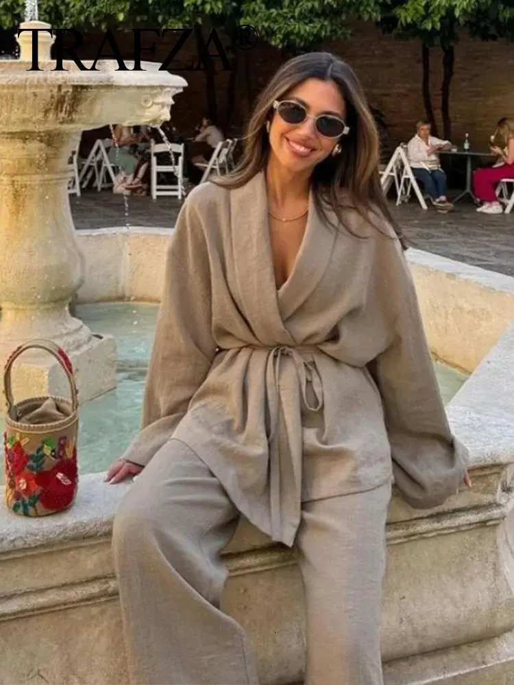 TRAFZA Women Loose Wide Leg Pant Set Fashion Lapel V Neck Long Sleeve Thin Blazer Coat With Belt Summer Ladies Solid Suit 250814