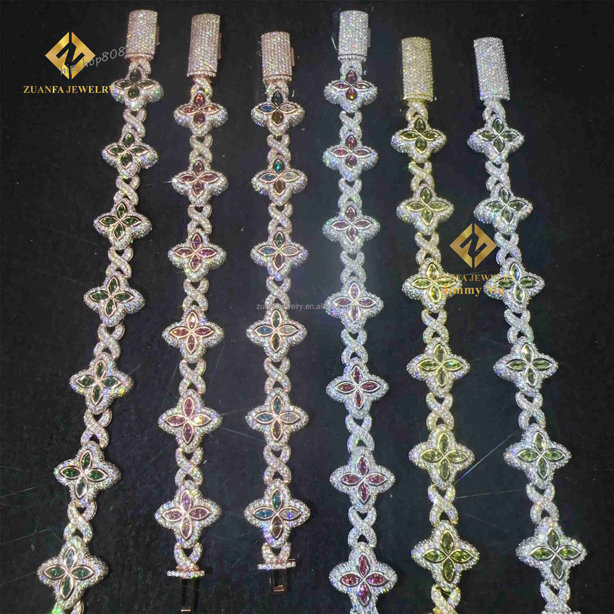 Fashion Jewelry New Arrivals Iced Out Hip Hop Jewelry S925 Silver Moissanite Diamond Four Cleef Clover Cuban Bracelet Men