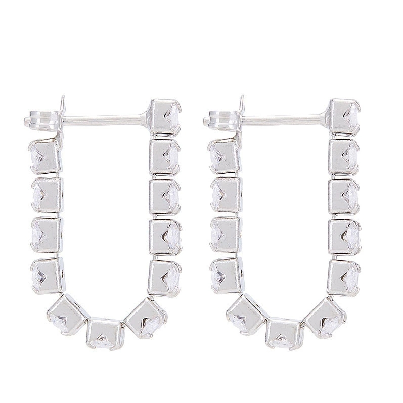 Square diamond U-shaped stud earrings with a cold and cool style, super shiny ins earrings, versatile earrings for women