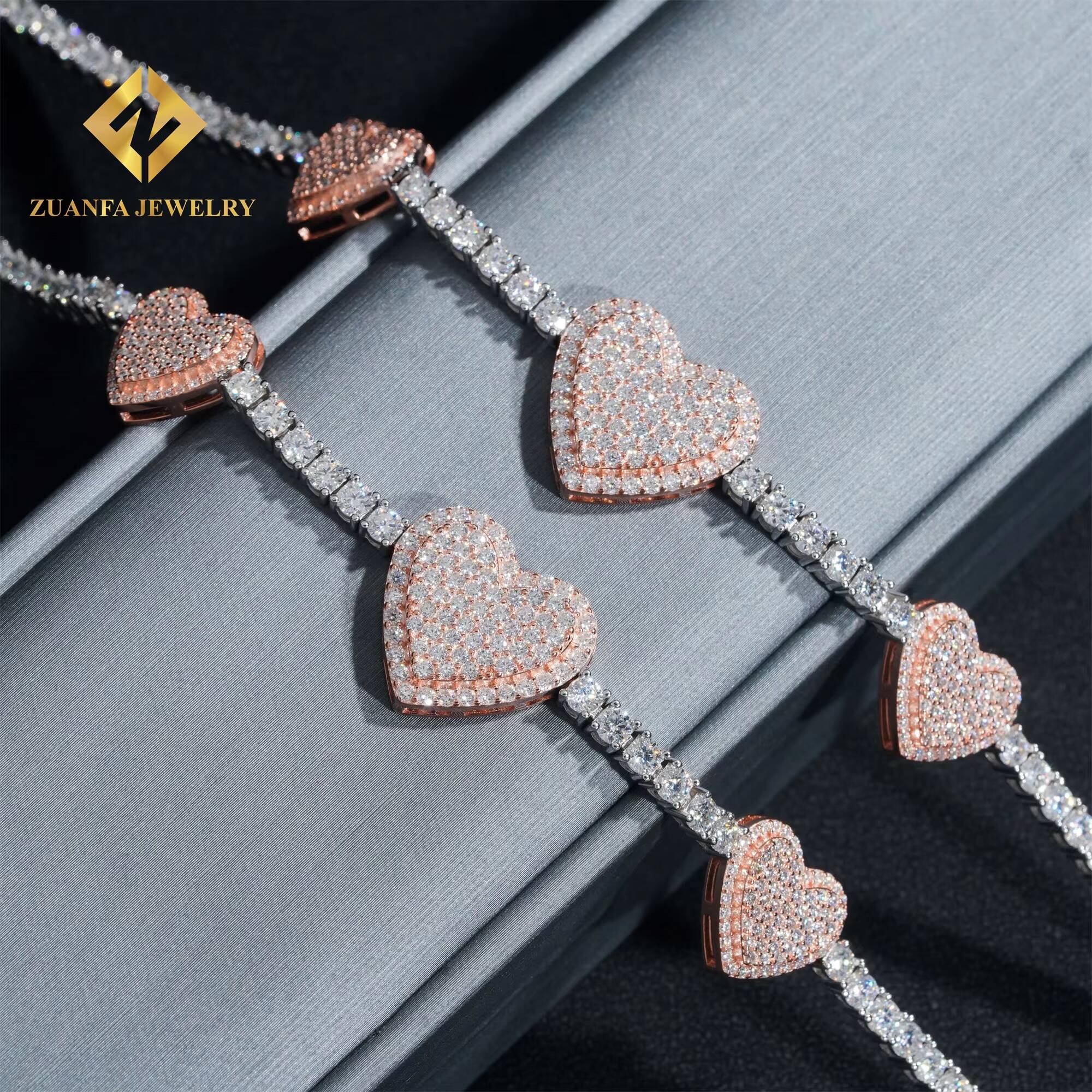 New Design 3mm Iced Out Hip Hop Jewelry S925 Silver Rose Gold Plated VVS1 Moissanite Diamond Heart Tennis Chain Bracelet