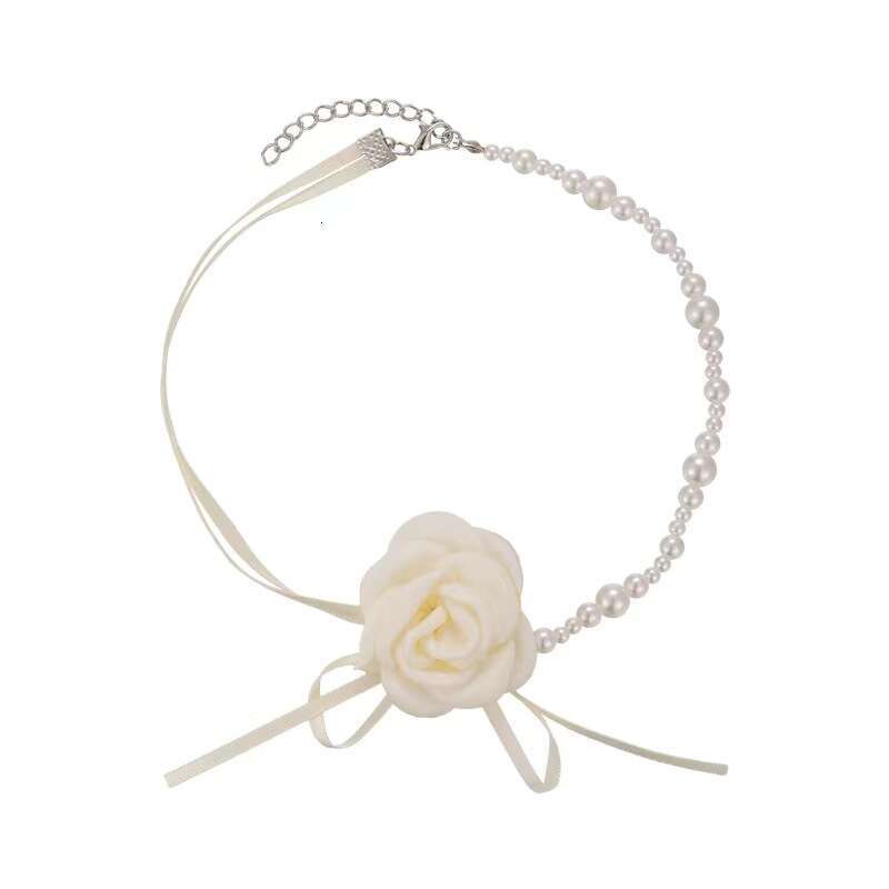 Camellia Flower Pearl Choker Necklace for Women, Collarbone Chain, Neckband, Floral Accessory