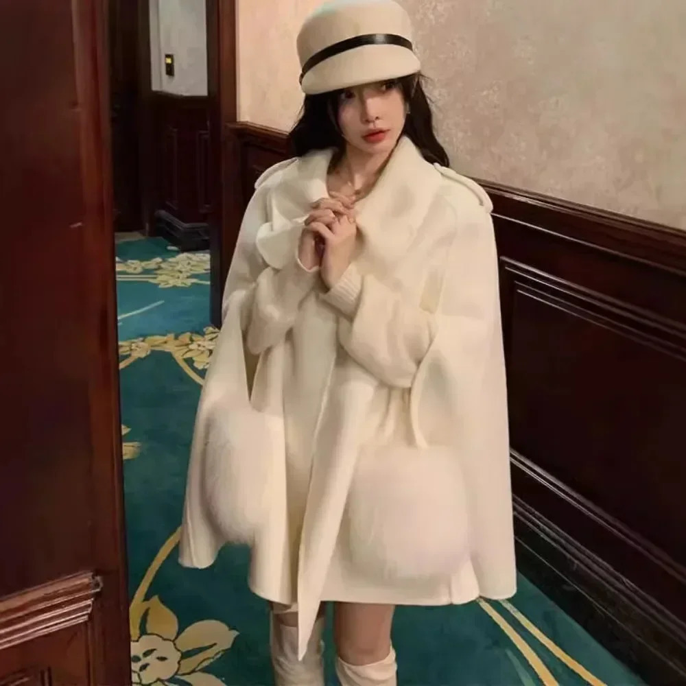 Fox Fur Double-sided Cashmere Jacket Women High-end Daughter Cloak Shawl Woolen Fur Coat Female Autumn Winter Style 250811