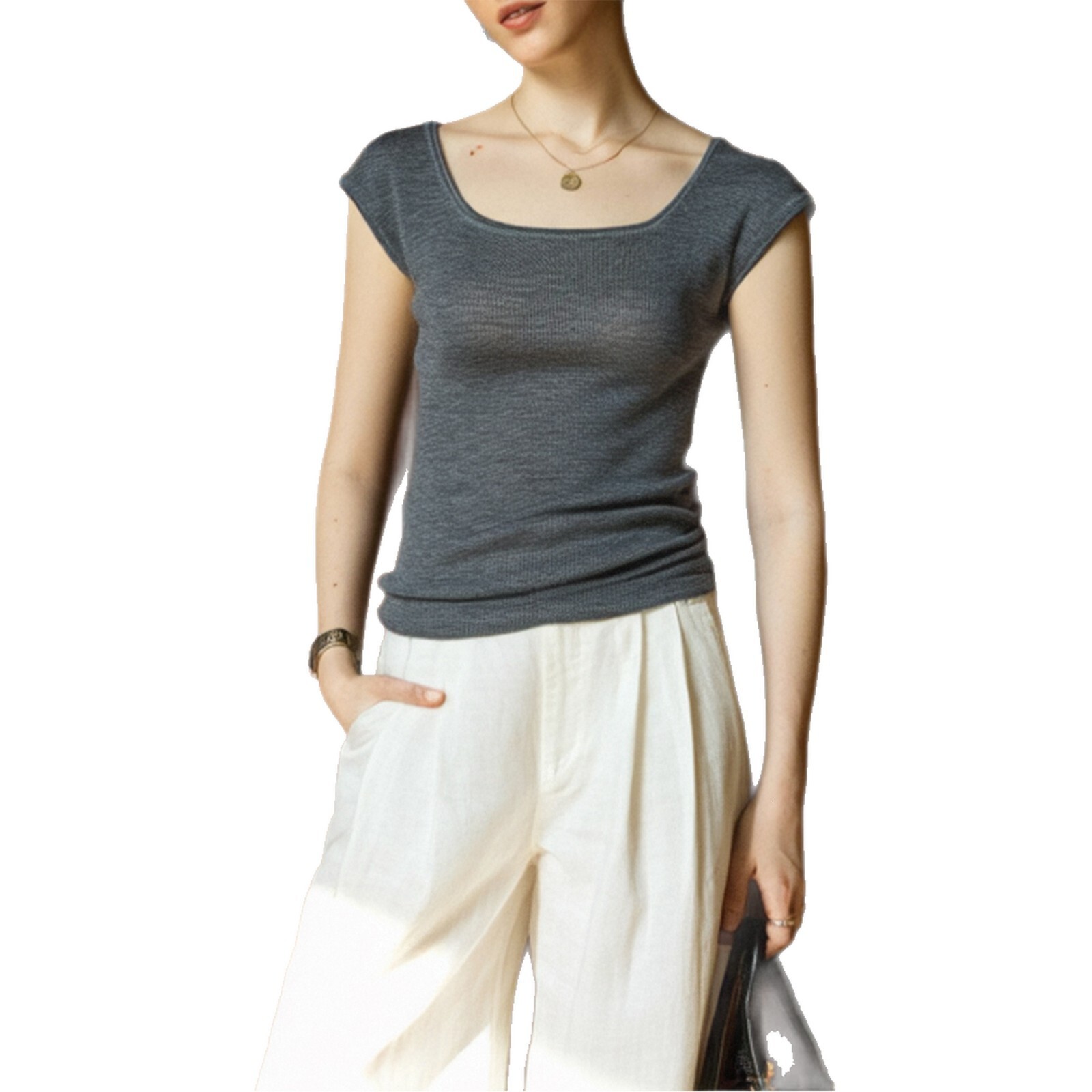 High-End Wool Knit Sweater Old Money Style Square Neck T-Shirt Summer Slim Fit Stretch Thin Short Sleeve Top