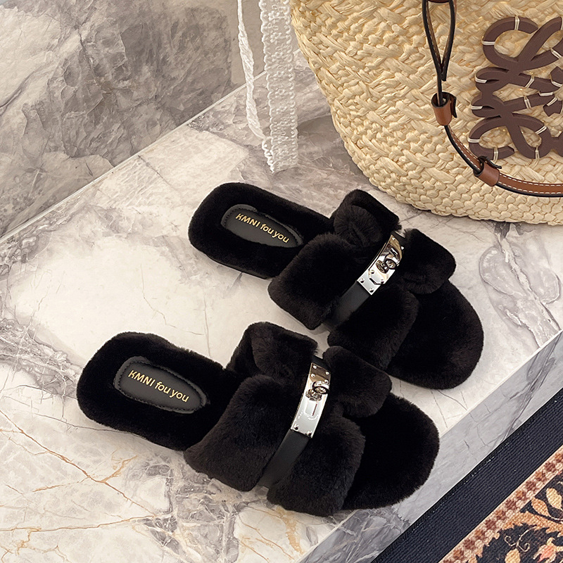 free shipping designer shoes New autumn winter fashion flat bottom fluffy slippers casual versatile suitable for outdoor wear and home shoes