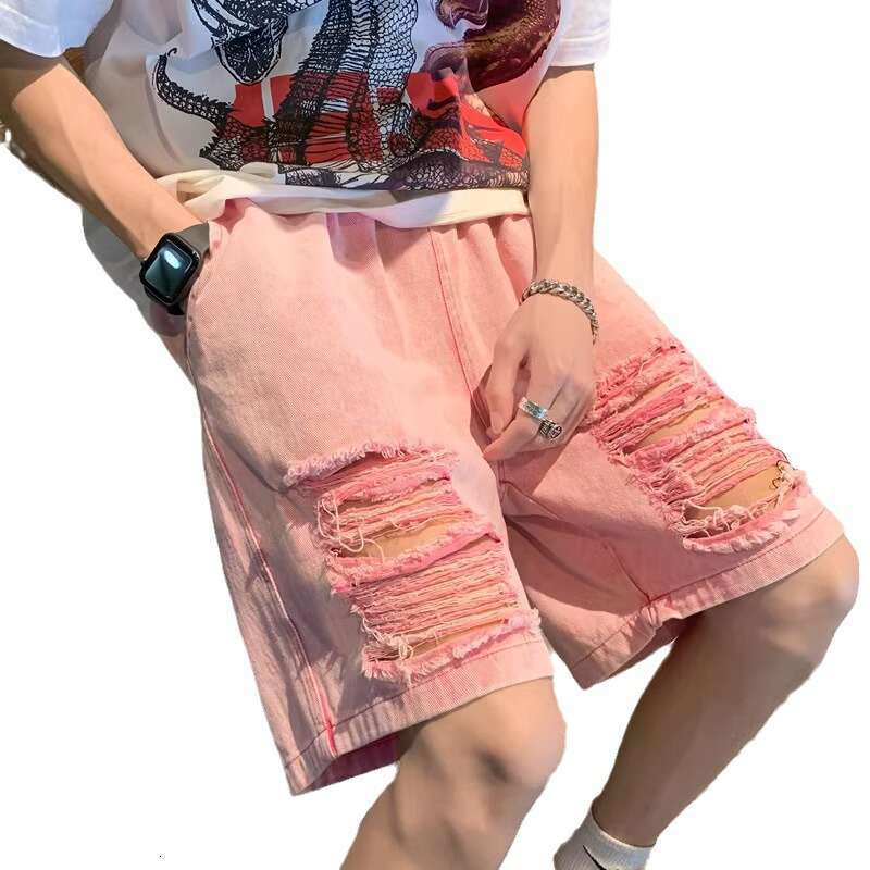 Pink Distressed Denim For Men Summer American High Street Trendy Brand Beggar Pants Niche Design Five-Point Mid-Length Shorts B5