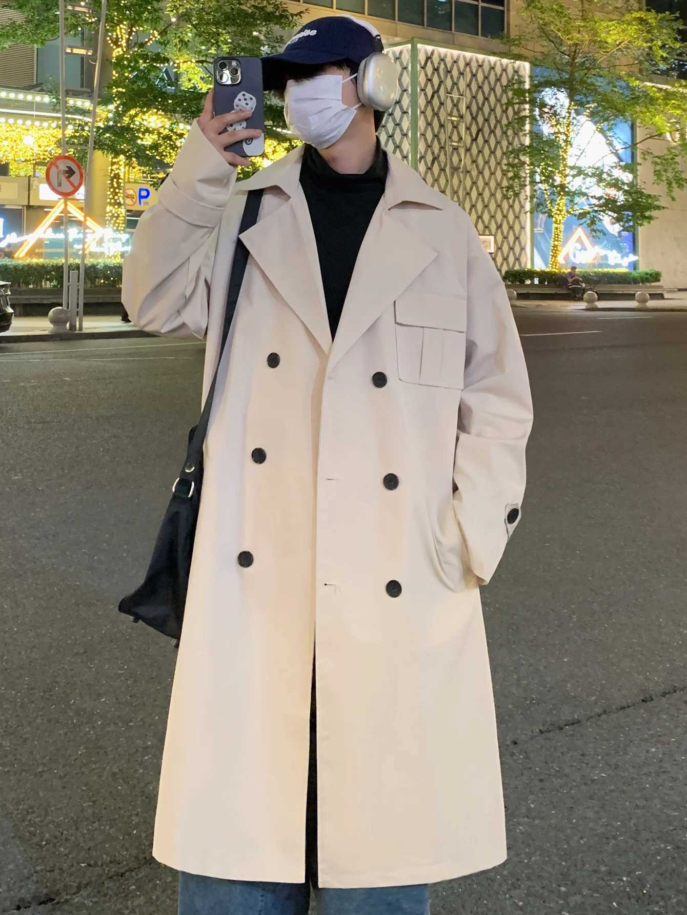 Mens autumn trench coat with double-breasted design and pockets suitable for outdoor leisure in spring and autumn. W250815