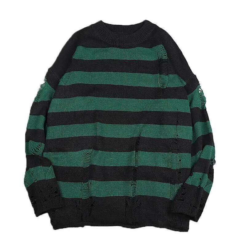 Designer Clothing 2025 Black Stripe Sweaters Destroyed Ripped Sweater Pullover Hole Knit Jumpers Men Oversized Sweatshirt Haruku Long Sleeve Tops