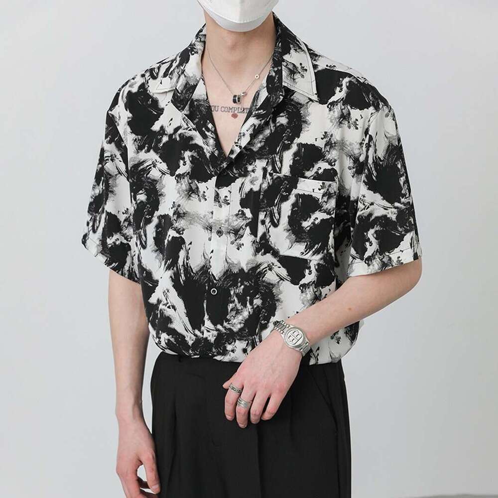 Summer Top Korean Loose High-End Drape Short Sleeve Men's Trendy Cool Ink Wash Non-Iron Shirt Trend B5