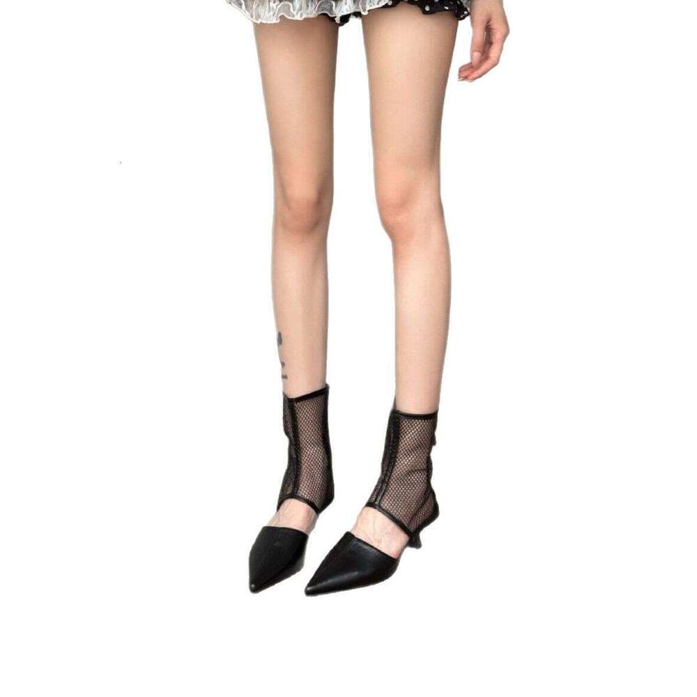 Women's Sandals Hollow Mesh Boots Tote Transparent Cat Heel Sexy Hot Girl Short Tube Pointed Toe Niche Design Fairy Silver Sparkle