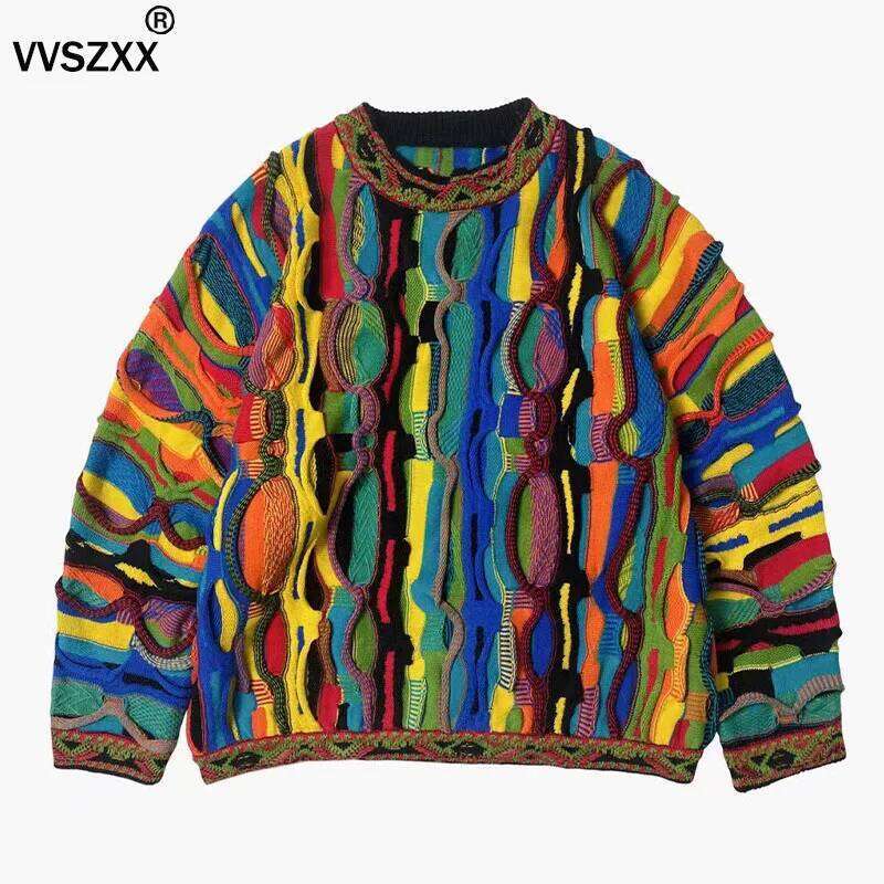 Designer Clothing 2025 Heavy Industry Striped Knitted Ethnic Style Fashion Colorful Splicing Mens Pullover Sweater